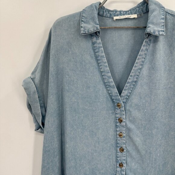 Mustard Seed Chambray Shirt Mini Dress Size L Boutique Swing Collared Lyocell - Picture 2 of 7
